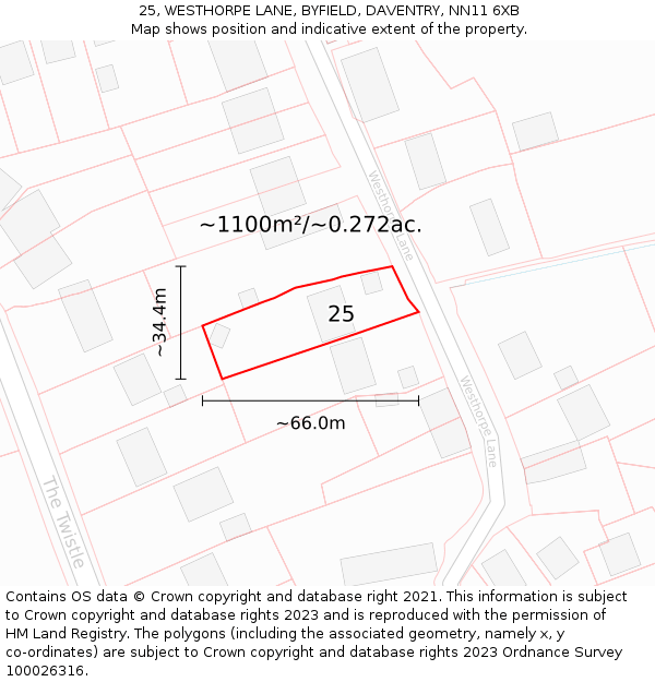 25, WESTHORPE LANE, BYFIELD, DAVENTRY, NN11 6XB: Plot and title map