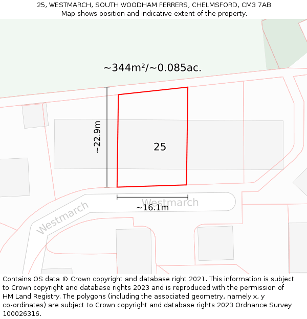 25, WESTMARCH, SOUTH WOODHAM FERRERS, CHELMSFORD, CM3 7AB: Plot and title map