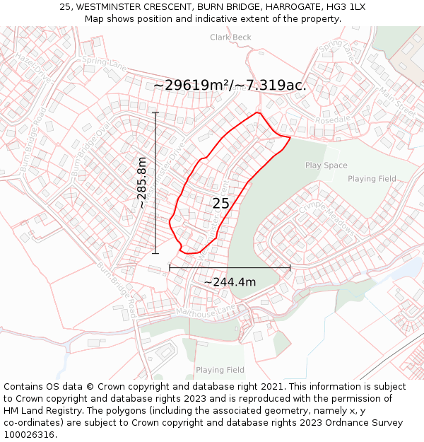 25, WESTMINSTER CRESCENT, BURN BRIDGE, HARROGATE, HG3 1LX: Plot and title map