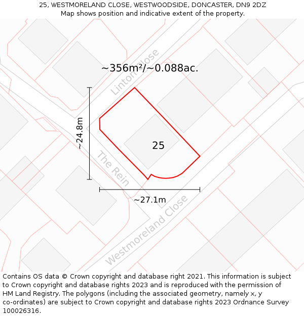 25, WESTMORELAND CLOSE, WESTWOODSIDE, DONCASTER, DN9 2DZ: Plot and title map