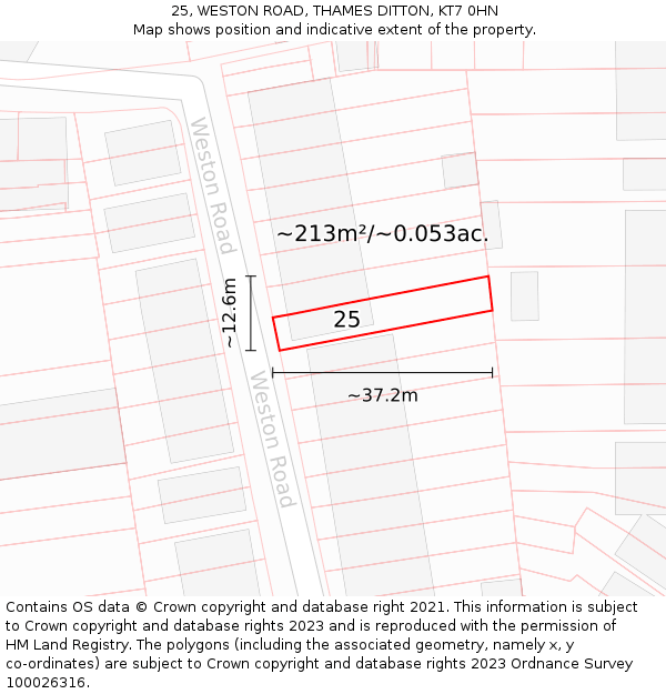 25, WESTON ROAD, THAMES DITTON, KT7 0HN: Plot and title map