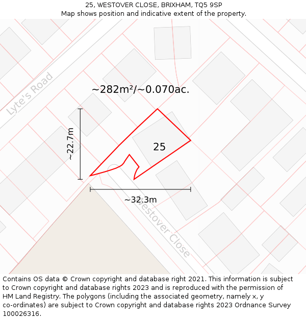 25, WESTOVER CLOSE, BRIXHAM, TQ5 9SP: Plot and title map