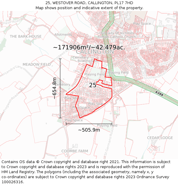 25, WESTOVER ROAD, CALLINGTON, PL17 7HD: Plot and title map