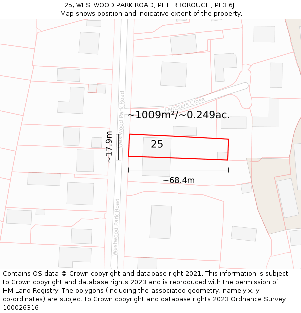 25, WESTWOOD PARK ROAD, PETERBOROUGH, PE3 6JL: Plot and title map