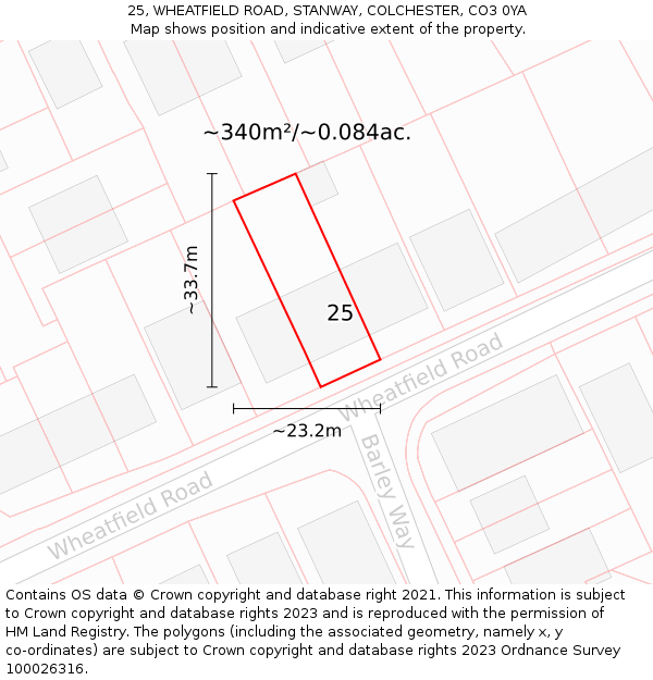 25, WHEATFIELD ROAD, STANWAY, COLCHESTER, CO3 0YA: Plot and title map