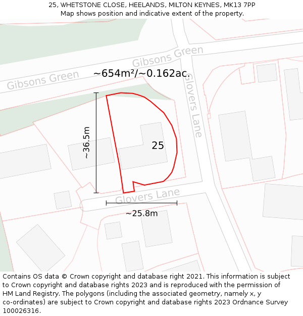 25, WHETSTONE CLOSE, HEELANDS, MILTON KEYNES, MK13 7PP: Plot and title map