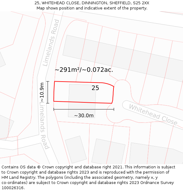 25, WHITEHEAD CLOSE, DINNINGTON, SHEFFIELD, S25 2XX: Plot and title map