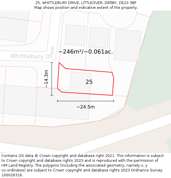 25, WHITTLEBURY DRIVE, LITTLEOVER, DERBY, DE23 3BF: Plot and title map