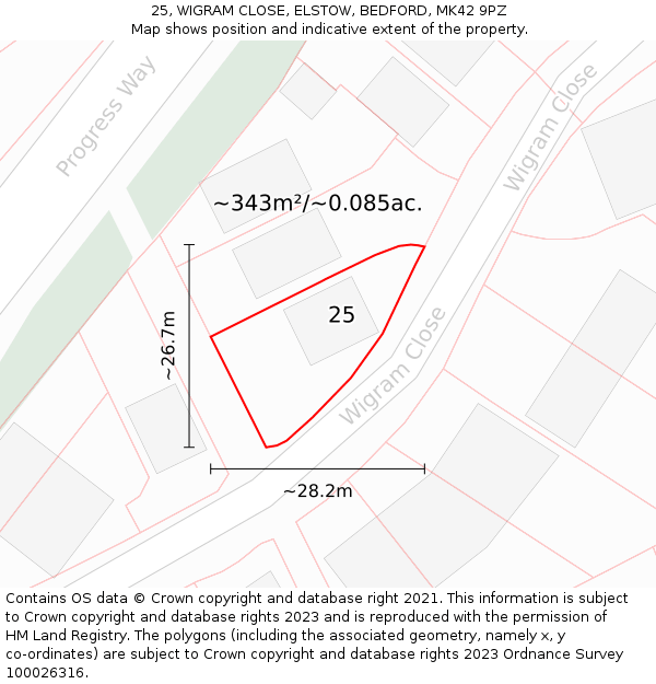 25, WIGRAM CLOSE, ELSTOW, BEDFORD, MK42 9PZ: Plot and title map