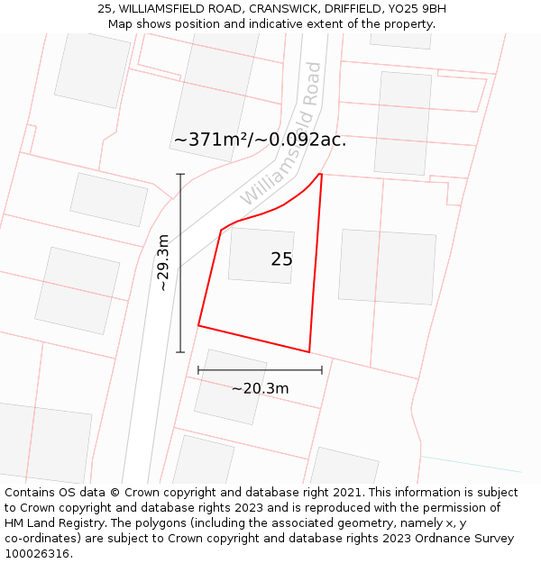 25, WILLIAMSFIELD ROAD, CRANSWICK, DRIFFIELD, YO25 9BH: Plot and title map