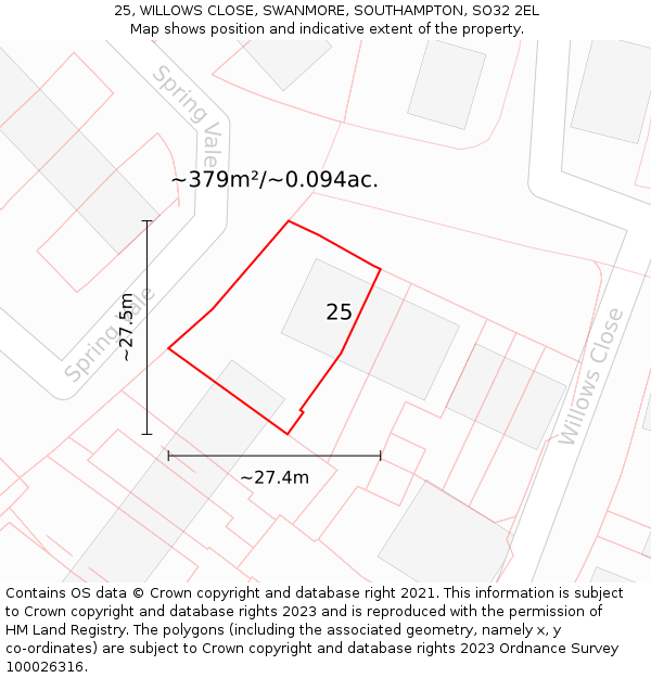 25, WILLOWS CLOSE, SWANMORE, SOUTHAMPTON, SO32 2EL: Plot and title map