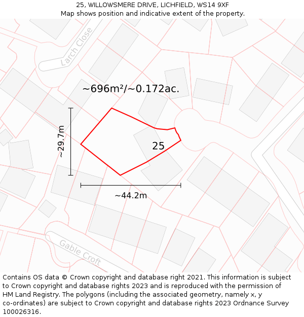 25, WILLOWSMERE DRIVE, LICHFIELD, WS14 9XF: Plot and title map