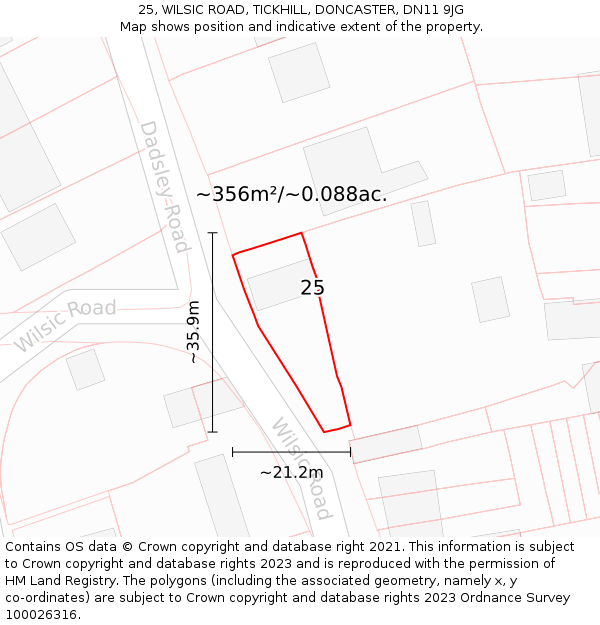 25, WILSIC ROAD, TICKHILL, DONCASTER, DN11 9JG: Plot and title map