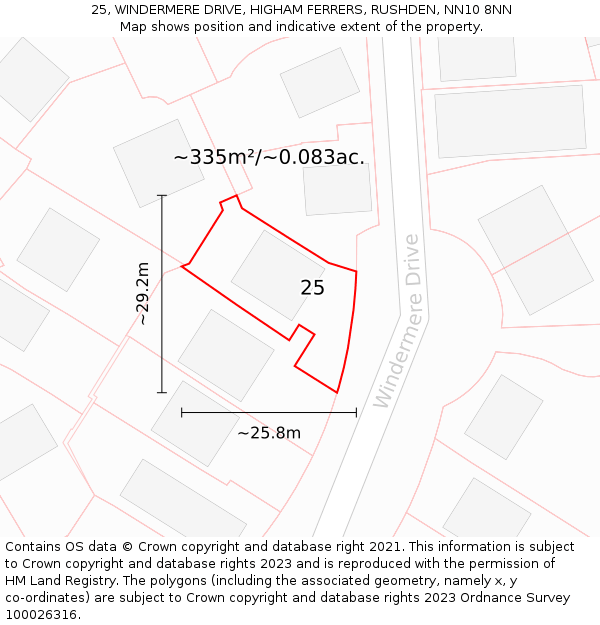 25, WINDERMERE DRIVE, HIGHAM FERRERS, RUSHDEN, NN10 8NN: Plot and title map
