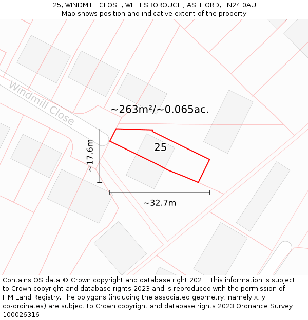 25, WINDMILL CLOSE, WILLESBOROUGH, ASHFORD, TN24 0AU: Plot and title map