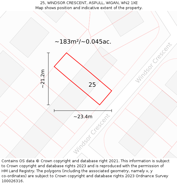 25, WINDSOR CRESCENT, ASPULL, WIGAN, WN2 1XE: Plot and title map