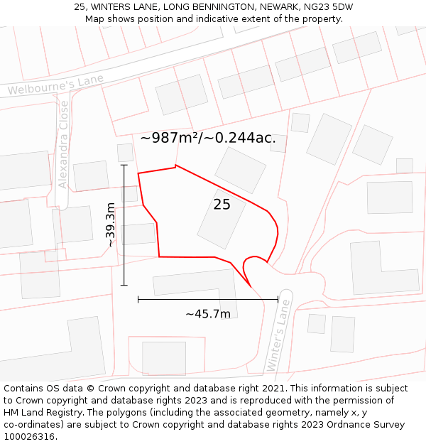 25, WINTERS LANE, LONG BENNINGTON, NEWARK, NG23 5DW: Plot and title map
