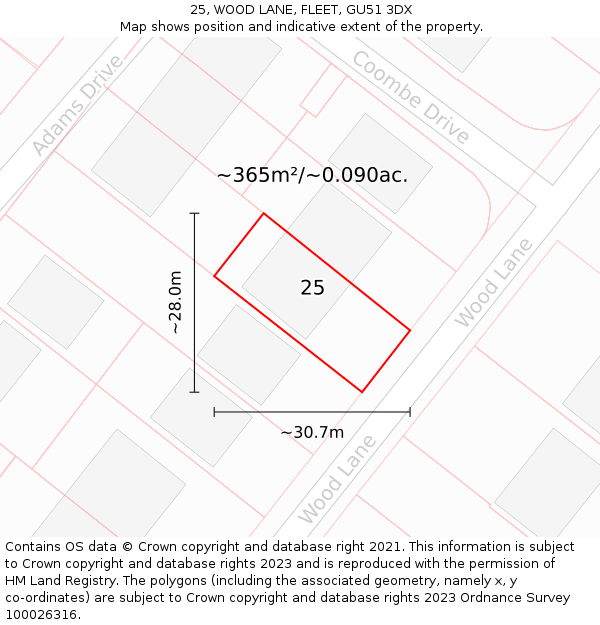 25, WOOD LANE, FLEET, GU51 3DX: Plot and title map