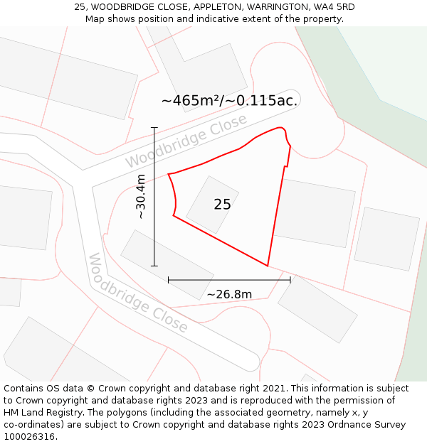 25, WOODBRIDGE CLOSE, APPLETON, WARRINGTON, WA4 5RD: Plot and title map