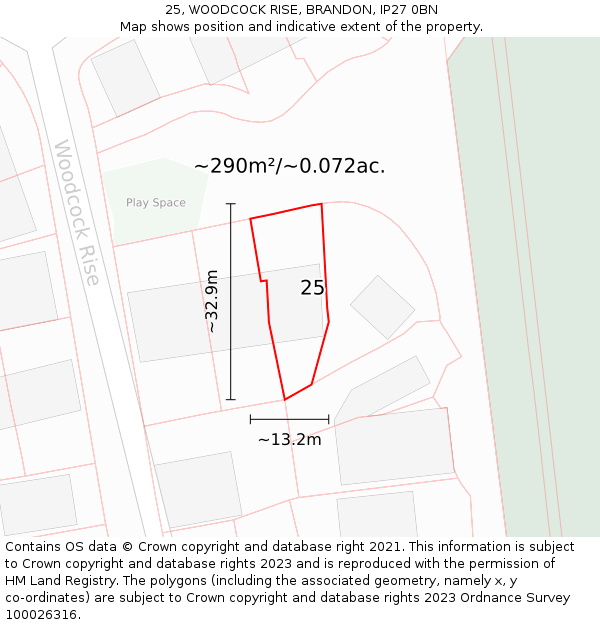 25, WOODCOCK RISE, BRANDON, IP27 0BN: Plot and title map