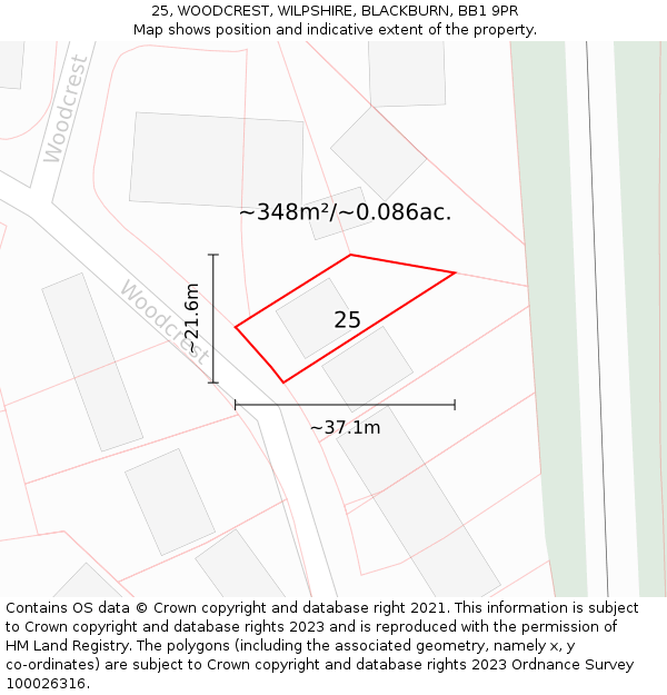 25, WOODCREST, WILPSHIRE, BLACKBURN, BB1 9PR: Plot and title map