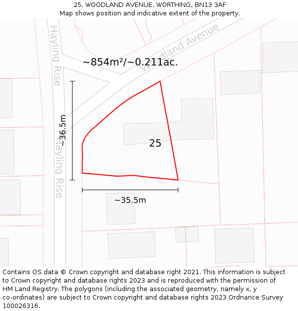 25, WOODLAND AVENUE, WORTHING, BN13 3AF: Plot and title map