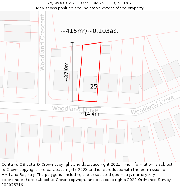 25, WOODLAND DRIVE, MANSFIELD, NG18 4JJ: Plot and title map