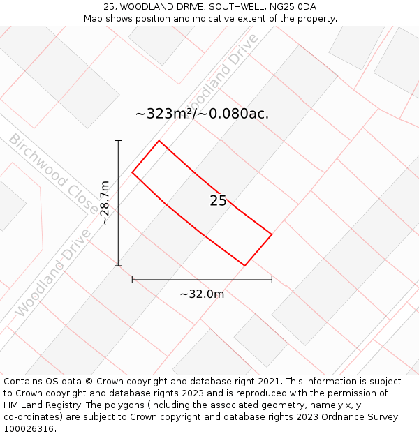 25, WOODLAND DRIVE, SOUTHWELL, NG25 0DA: Plot and title map