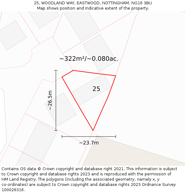 25, WOODLAND WAY, EASTWOOD, NOTTINGHAM, NG16 3BU: Plot and title map