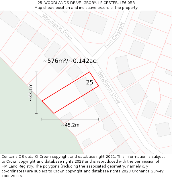 25, WOODLANDS DRIVE, GROBY, LEICESTER, LE6 0BR: Plot and title map