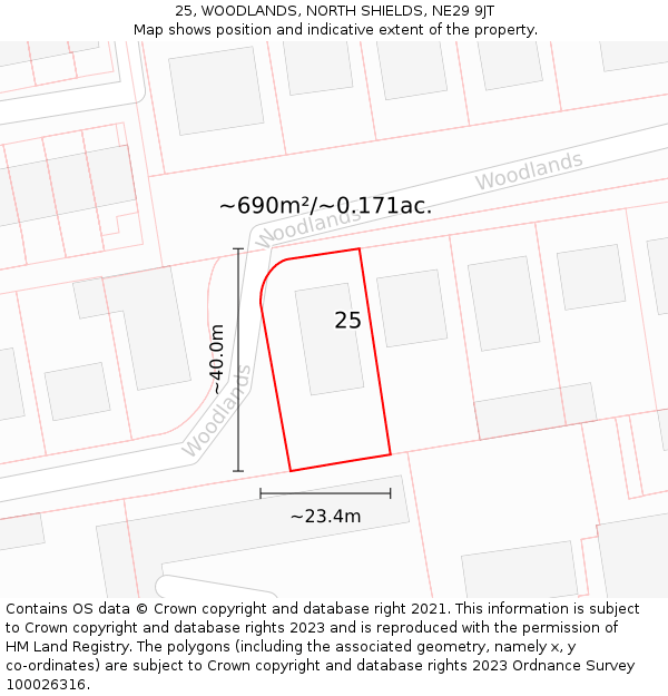 25, WOODLANDS, NORTH SHIELDS, NE29 9JT: Plot and title map