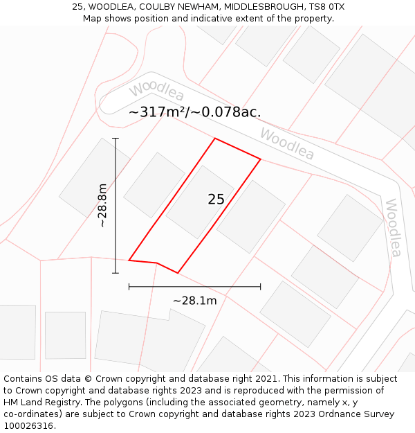 25, WOODLEA, COULBY NEWHAM, MIDDLESBROUGH, TS8 0TX: Plot and title map