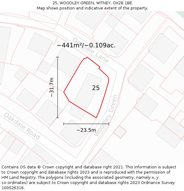 25, WOODLEY GREEN, WITNEY, OX28 1BE: Plot and title map