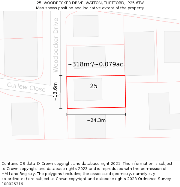 25, WOODPECKER DRIVE, WATTON, THETFORD, IP25 6TW: Plot and title map