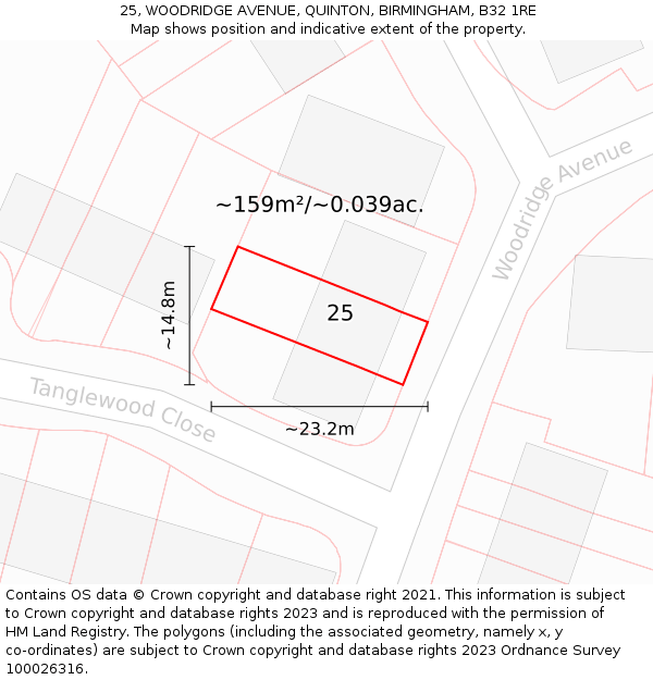 25, WOODRIDGE AVENUE, QUINTON, BIRMINGHAM, B32 1RE: Plot and title map