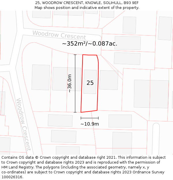25, WOODROW CRESCENT, KNOWLE, SOLIHULL, B93 9EF: Plot and title map