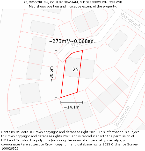 25, WOODRUSH, COULBY NEWHAM, MIDDLESBROUGH, TS8 0XB: Plot and title map