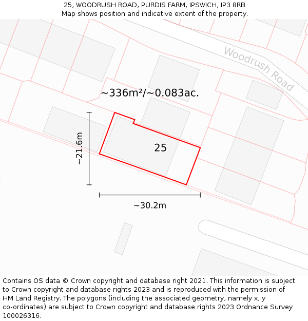 25, WOODRUSH ROAD, PURDIS FARM, IPSWICH, IP3 8RB: Plot and title map