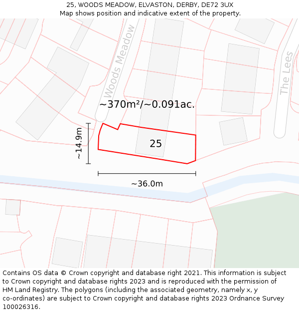 25, WOODS MEADOW, ELVASTON, DERBY, DE72 3UX: Plot and title map