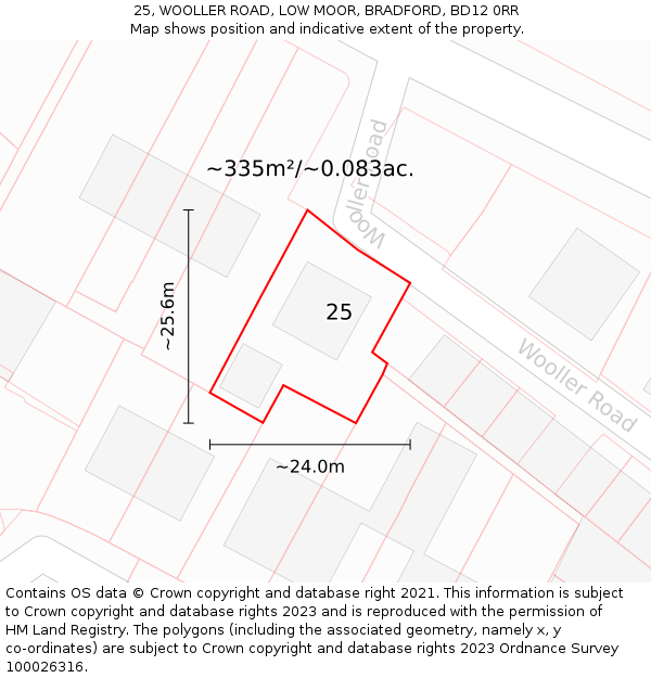 25, WOOLLER ROAD, LOW MOOR, BRADFORD, BD12 0RR: Plot and title map