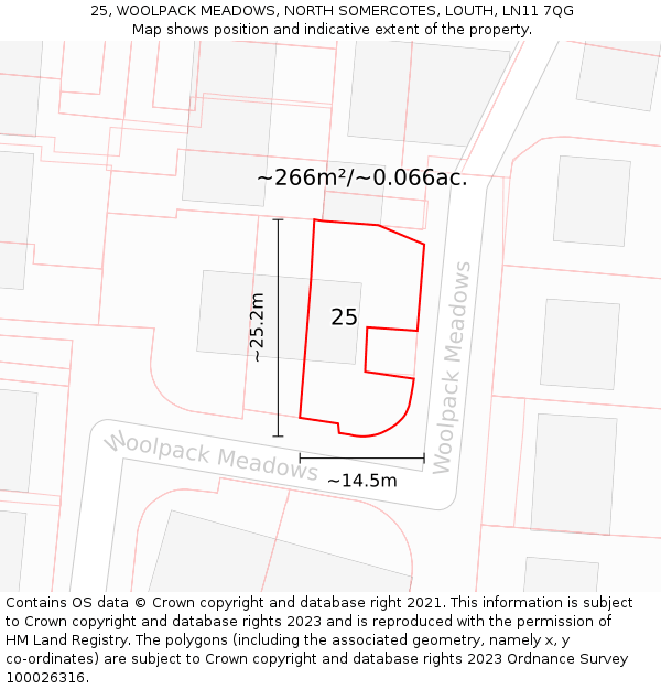 25, WOOLPACK MEADOWS, NORTH SOMERCOTES, LOUTH, LN11 7QG: Plot and title map