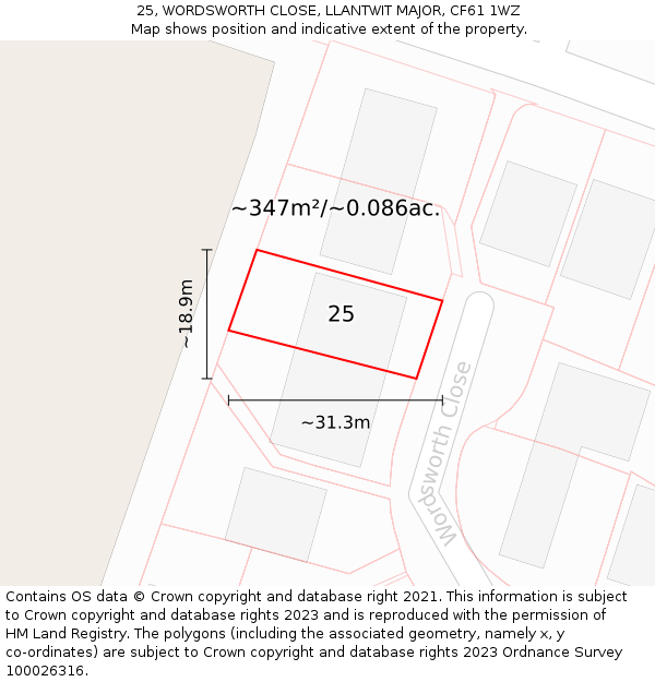 25, WORDSWORTH CLOSE, LLANTWIT MAJOR, CF61 1WZ: Plot and title map