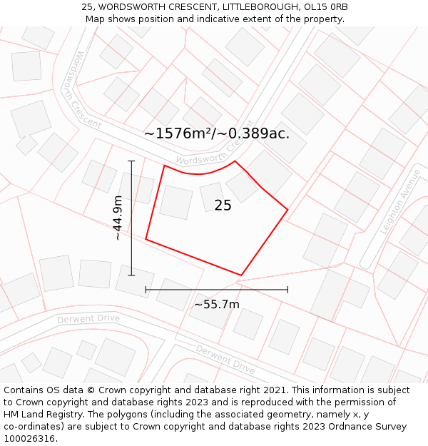 25, WORDSWORTH CRESCENT, LITTLEBOROUGH, OL15 0RB: Plot and title map