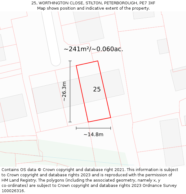 25, WORTHINGTON CLOSE, STILTON, PETERBOROUGH, PE7 3XF: Plot and title map