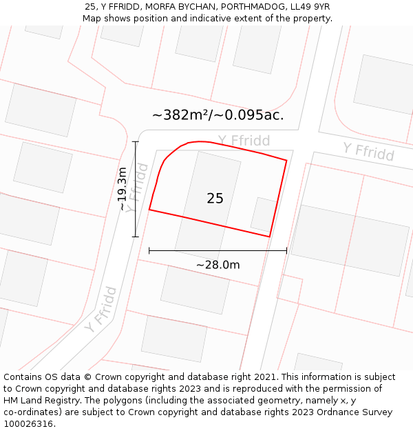 25, Y FFRIDD, MORFA BYCHAN, PORTHMADOG, LL49 9YR: Plot and title map