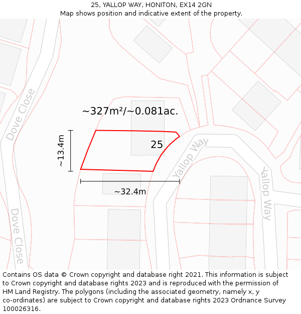 25, YALLOP WAY, HONITON, EX14 2GN: Plot and title map