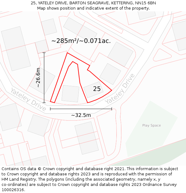 25, YATELEY DRIVE, BARTON SEAGRAVE, KETTERING, NN15 6BN: Plot and title map