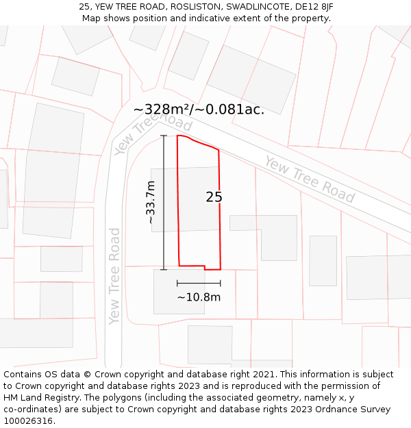 25, YEW TREE ROAD, ROSLISTON, SWADLINCOTE, DE12 8JF: Plot and title map