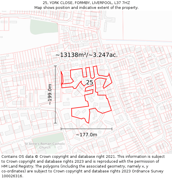 25, YORK CLOSE, FORMBY, LIVERPOOL, L37 7HZ: Plot and title map