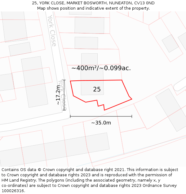 25, YORK CLOSE, MARKET BOSWORTH, NUNEATON, CV13 0ND: Plot and title map